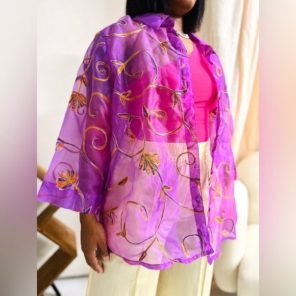 c.l.o.t.h.e.s. Sheer Floral Embroidered Button Front Collared Blouse Purple - Picture 2 of 13